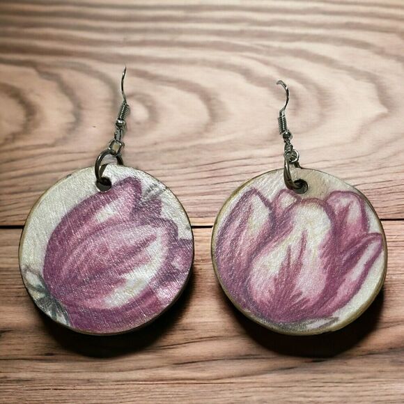 Pink Cream Tulip Wood Dangle Round Print Earrings Jewelry Handmade Boho - Picture 3 of 5